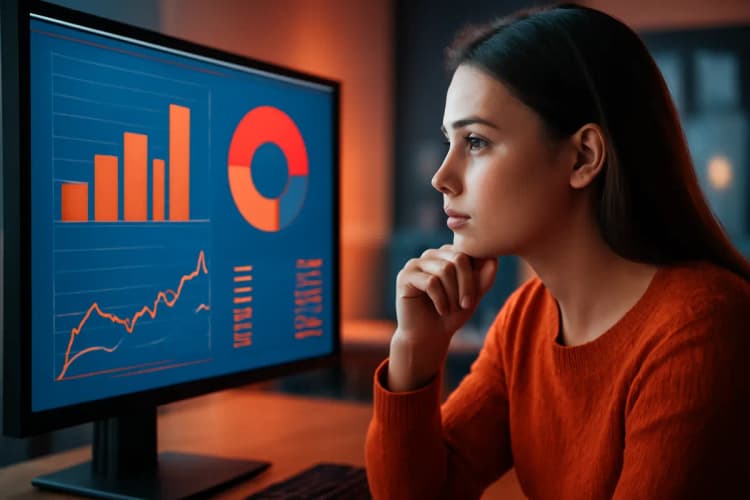 Mulher analisando dados em um computador em um ambiente de trabalho moderno, representando área de marketing digital com maior ganho