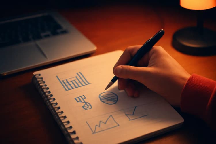 Mão escrevendo em um caderno com anotações sobre salários em marketing digital, com uma caneta e um laptop ao lado