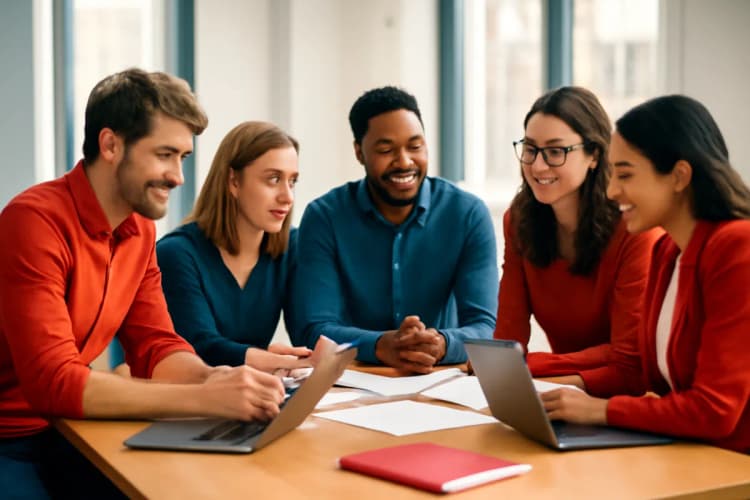 Cinco profissionais de marketing digital em um ambiente de trabalho colaborativo, representando 5 profissões do marketing digital