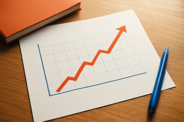 Gráfico de linha ascendente com uma seta apontando para o futuro, representando expectativas de salários em marketing digital