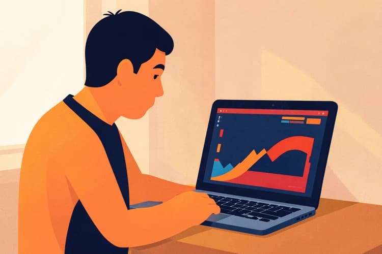 Homem trabalhando em um laptop com gráficos na tela.